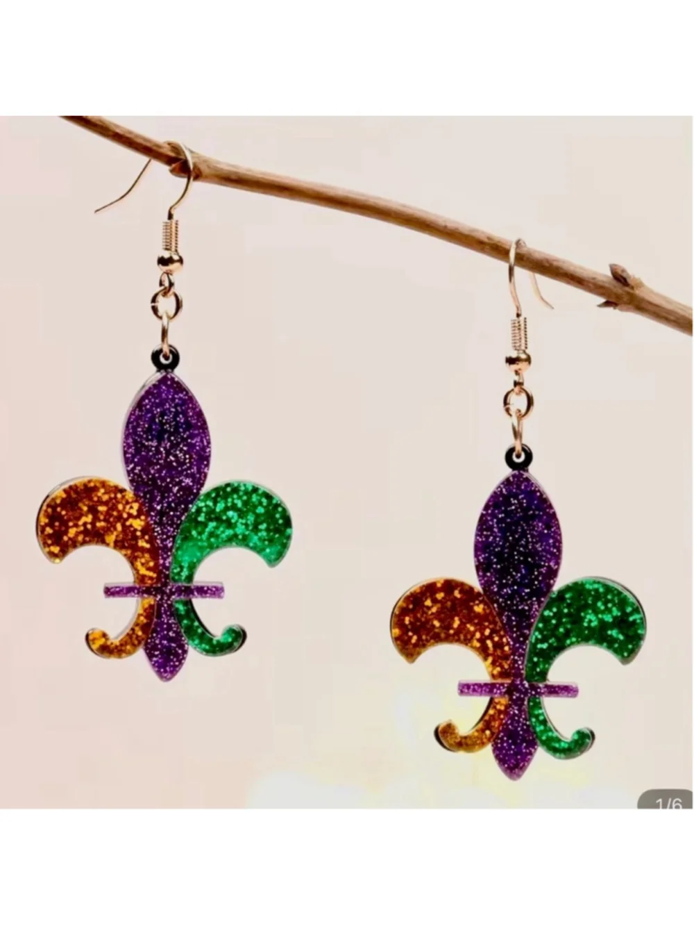 NEW Fleur de Lis Tri-color Dangle Earrings Mardi Gras Carnivale Lightweight NWT